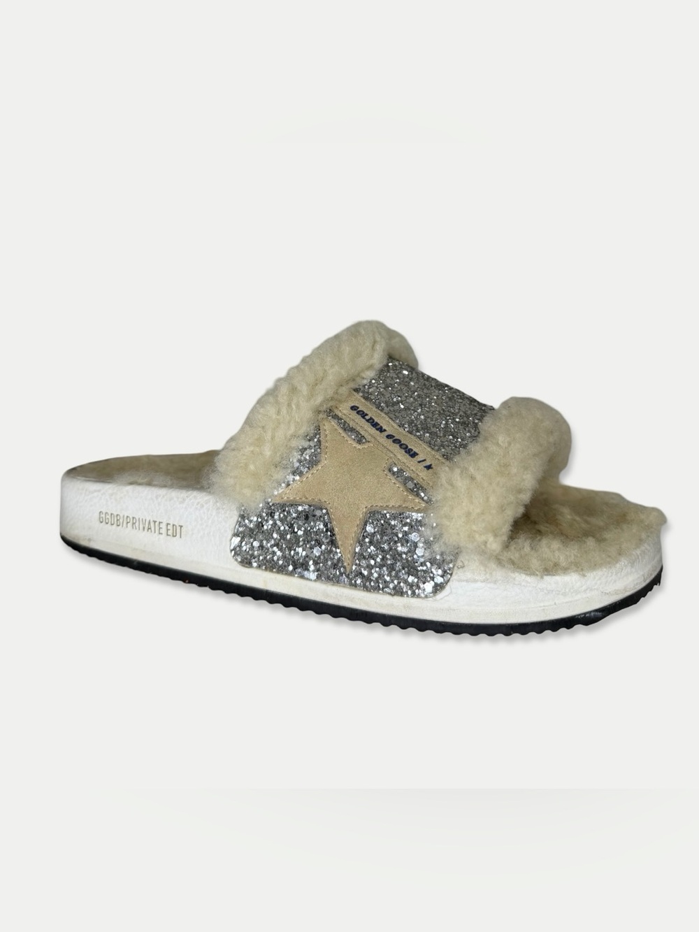 Golden Goose Private Edition Glitter Shearling Slide Sandals Silver Star Fits 9
